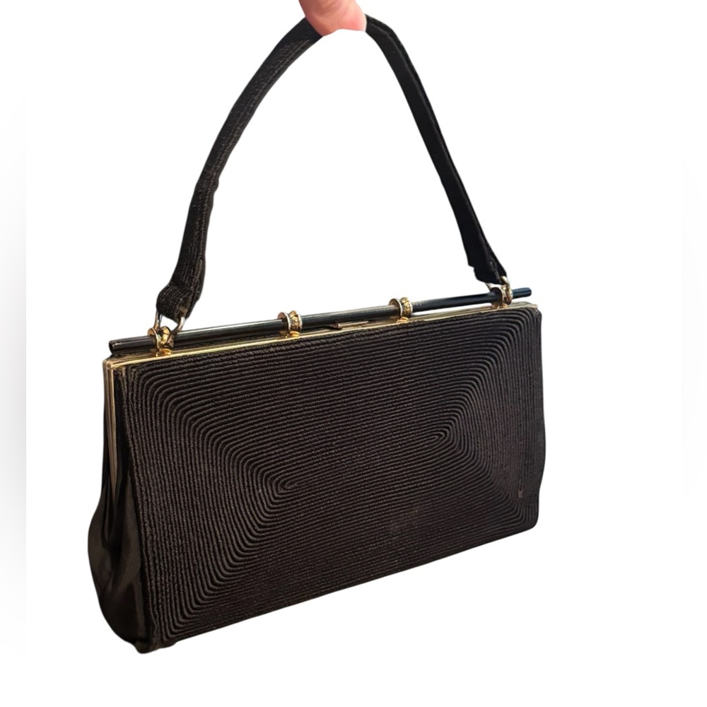 Elegant Vintage 1940s Golden Seal Corded Black Handbag Purse Kiss lock